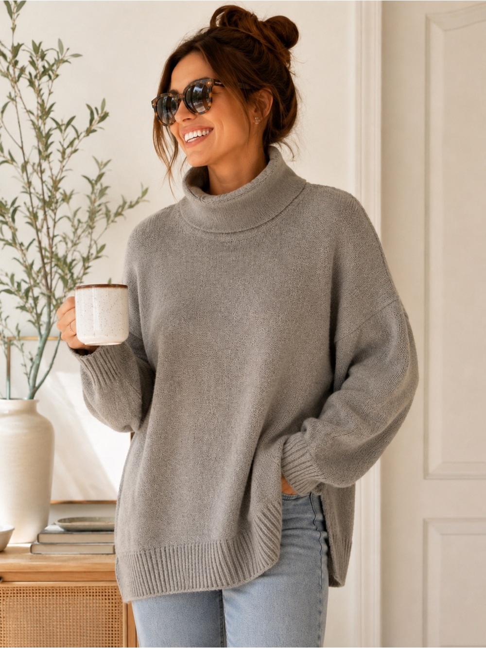 Kaisley Muted Olive Oversized Funnel Neck Sweater Relaxed Cozy Knit